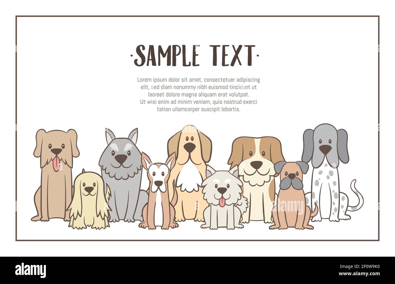 Mandria di cani con testo campione. Sfondo dell'illustrazione disegnato a mano. Cani da satellite in posizione di vista frontale. Illustrazione vettoriale. Illustrazione Vettoriale