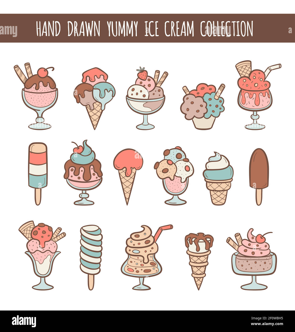 Set di 16 illustrazioni di gelato vettoriale disegnate a mano, isolate su bianco. Coni e gelati dai sapori diversi realizzati in stile cartone animato. Illustrazione Vettoriale