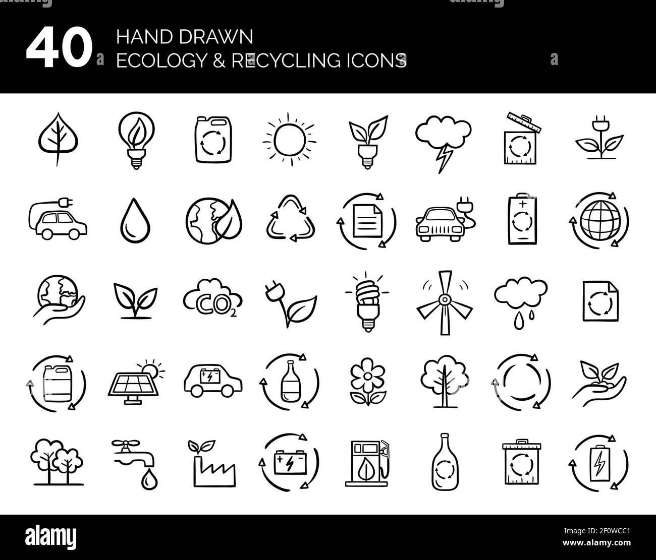 Set di icone di Ecologia e riciclaggio disegnate a mano. Illustrazione vettoriale. Illustrazione Vettoriale