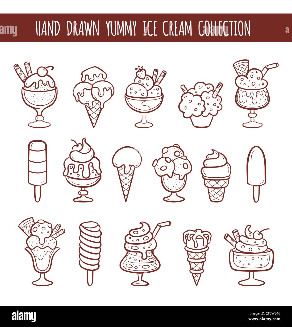 Set di 16 illustrazioni di gelato vettoriale disegnate a mano, isolate su bianco. Coni e gelati in stile doodle. Illustrazione Vettoriale