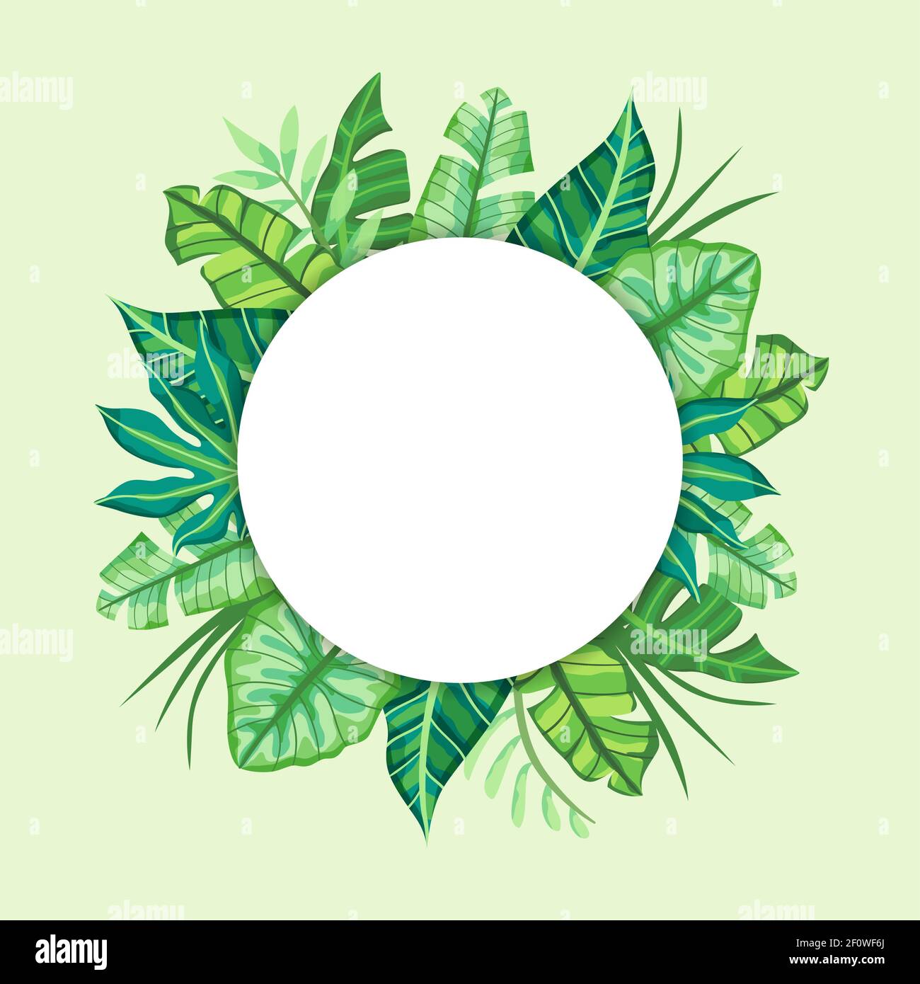 Disegno di etichetta rotonda con foglie tropicali. Adatto per concetto di natura, vacanza e vacanze estive. Illustrazione vettoriale. Illustrazione Vettoriale