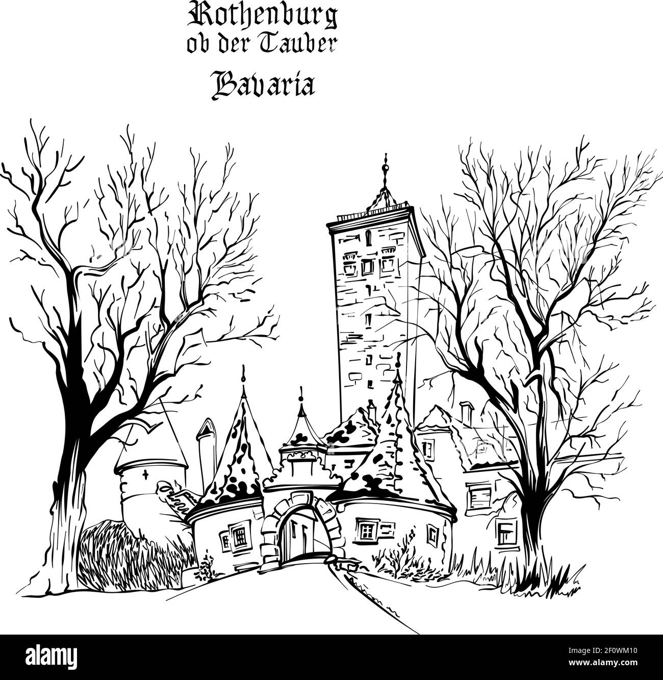 Disegno vettoriale in bianco e nero della porta e della torre della città occidentale Burgturm e Stadttor nella città vecchia medievale di Rothenburg ob der Tauber, Baviera Illustrazione Vettoriale
