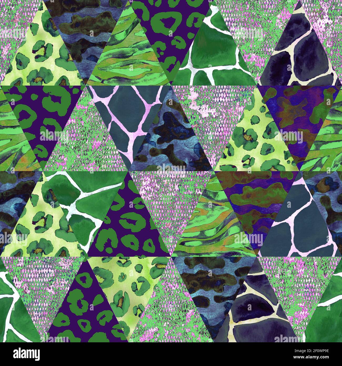 Imitazione trendy cucito pezzi triangolari di tessuto in stile patchwork. Collage disegnato a mano con motivo senza cuciture. Tessuto di sicurezza con animali pri Foto Stock