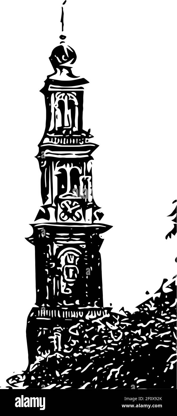 Torre dell'orologio Westerkerk e vista sul canale ad Amsterdam. Si trova vicino al quartiere Jordaan di Amsterdam, sulle rive del canale Prinsengracht Illustrazione Vettoriale