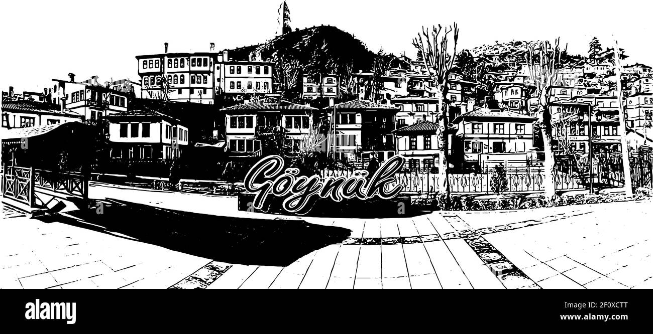 Goynuk nome città scultura di fronte alla famosa torre e città.Goynuk è una città e un distretto della provincia di Bolu nella regione del Mar Nero della Turchia. Illustrazione Vettoriale