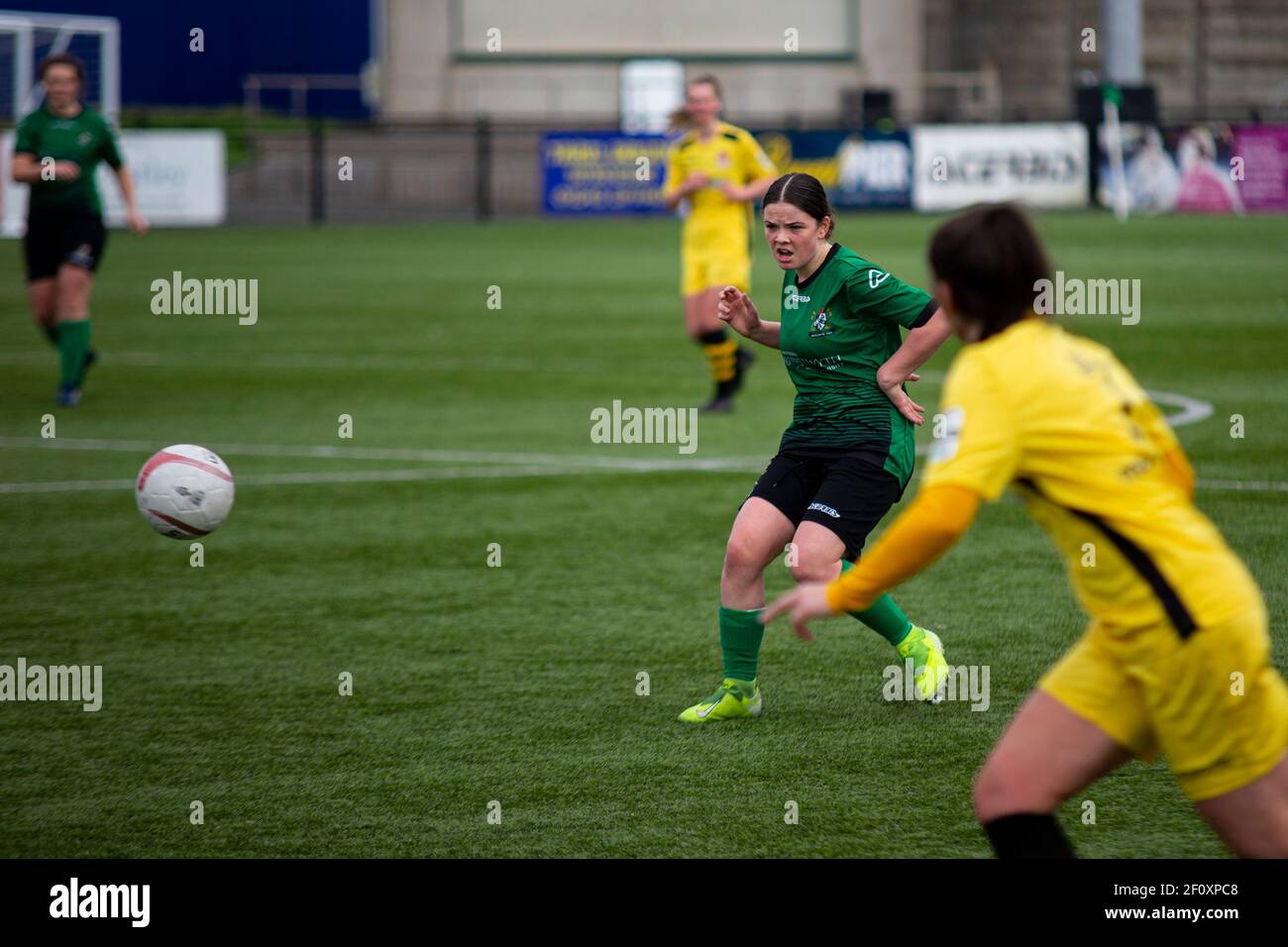 Aberystwyth Town / Briton Ferry Lansawel a Park Avenue nella Welsh Premier Women's League il 7 marzo 2021. Credito: Lewis Mitchell/YCPD Foto Stock