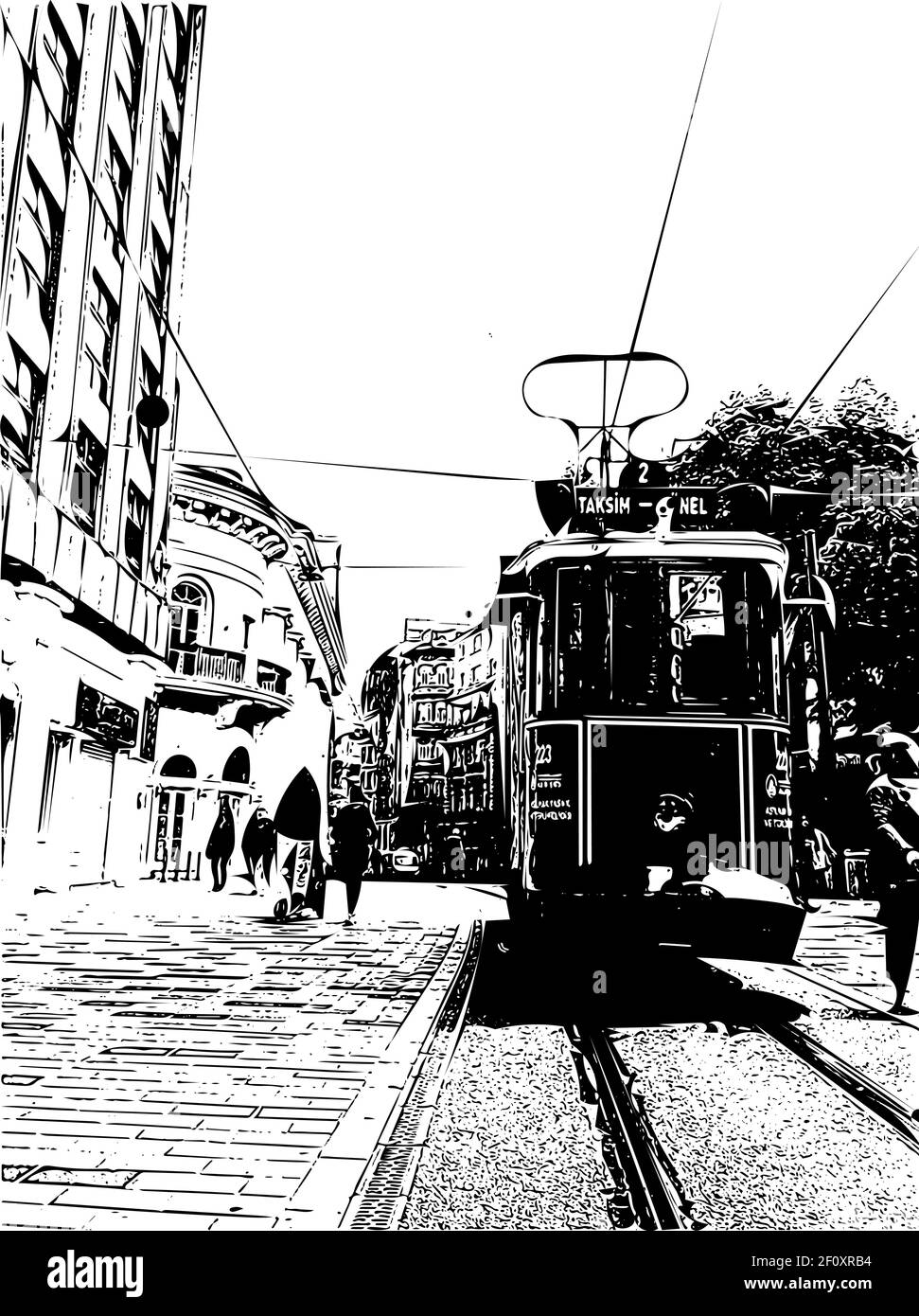 Nostalgico tram rosso a Beyoglu Taksim vicino da Tunnel. I nostalgici tramviari di Istanbul sono due tramonti patrimonio nella città di Istanbul, Turchia. Illustrazione Vettoriale