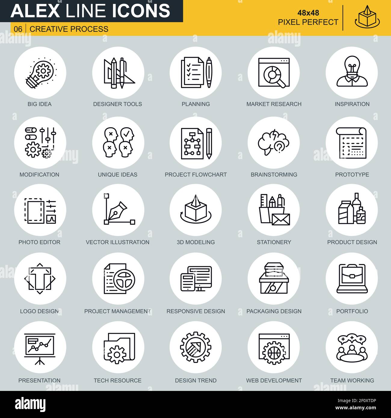 Set di icone per processi creativi e flussi di lavoro dei progetti sottili per siti Web e mobili e applicazioni. Contiene icone come ispirazione, idea grande. 48x48 Pi Illustrazione Vettoriale