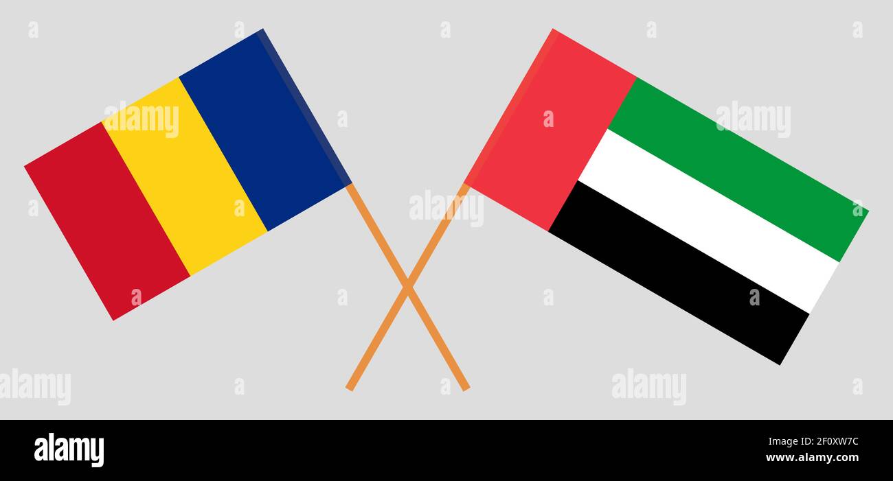 Bandiere incrociate del Benin e della Romania. Colori ufficiali. Proporzione corretta. Illustrazione vettoriale Illustrazione Vettoriale