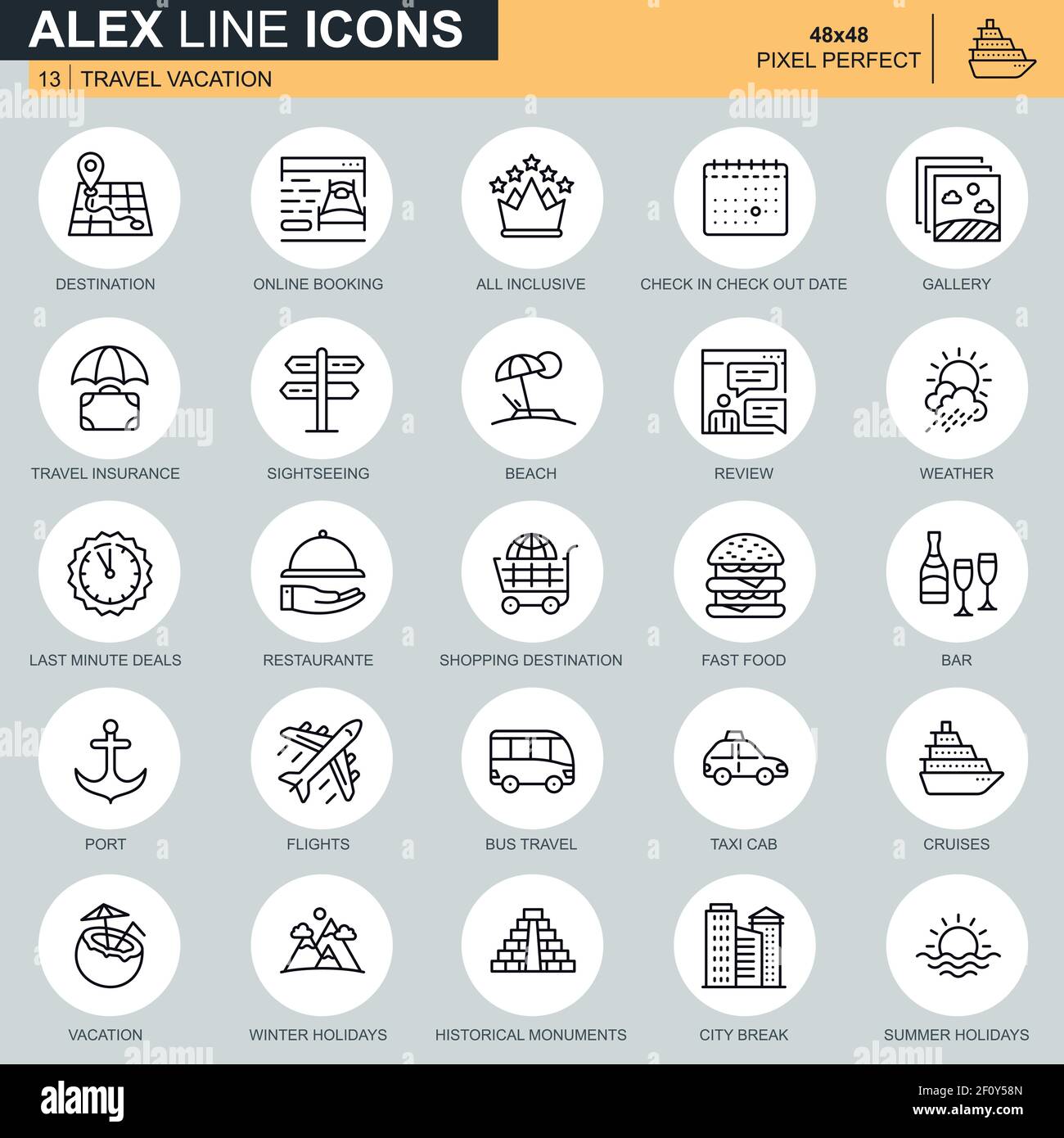 Viaggi e turismo in linea sottile, per le agenzie di viaggi icone impostate per siti web e app per siti mobili. Contiene icone come prenotazione, Vacanze estive. 48x48 Pi Illustrazione Vettoriale