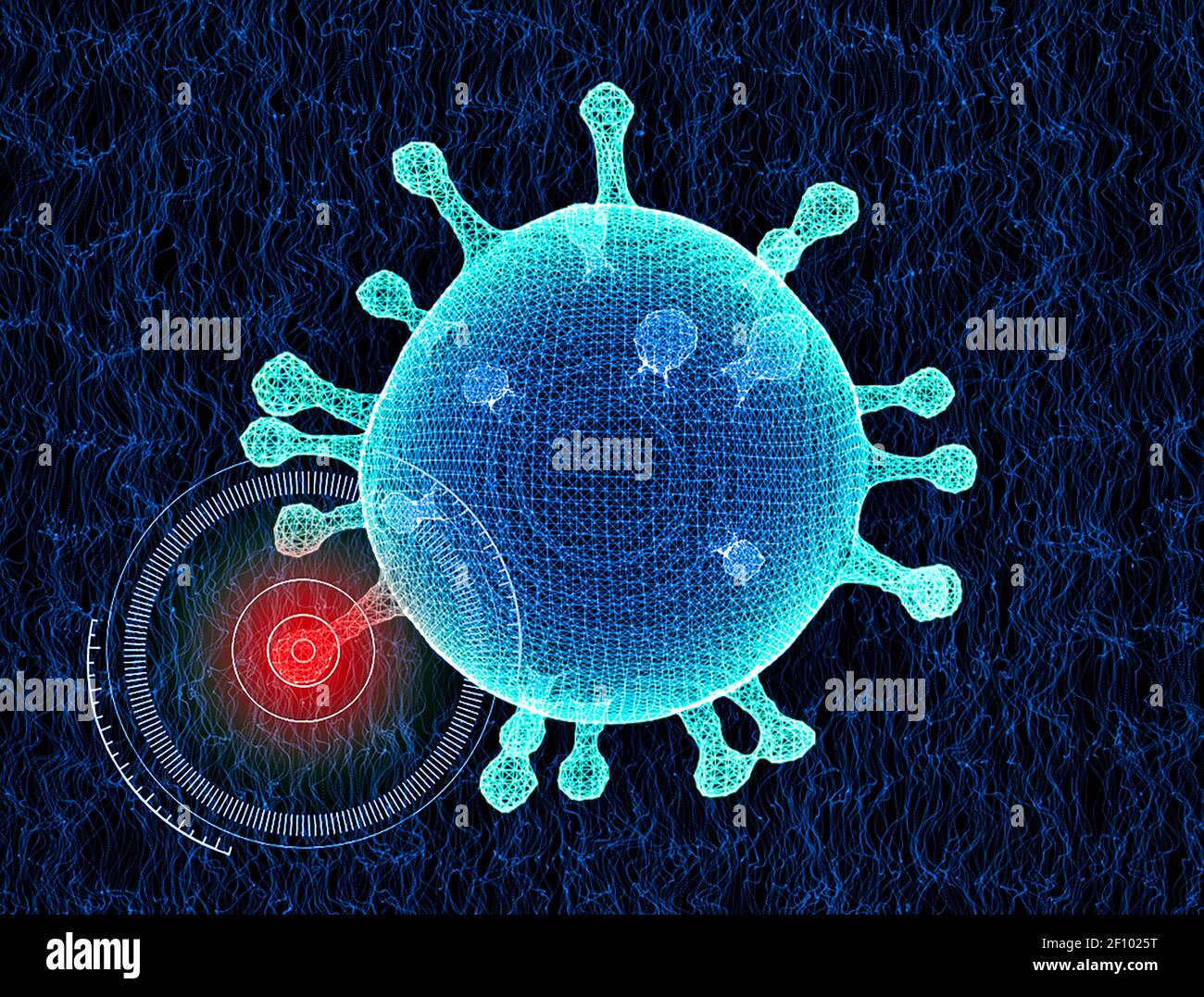Vista microscopica del Coronavirus, un patogeno che attacca le vie respiratorie. Covid-19. Analisi e test, sperimentazione. Infezione virale Foto Stock