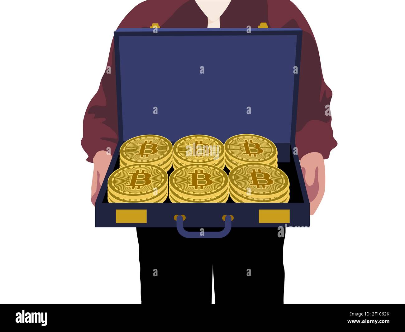 Un uomo ricco di successo che tiene in mano un caso pieno di Bitcoins d'oro, offrendo una transazione. Illustrazione della Cryptocurrency. Vettore. Illustrazione Vettoriale