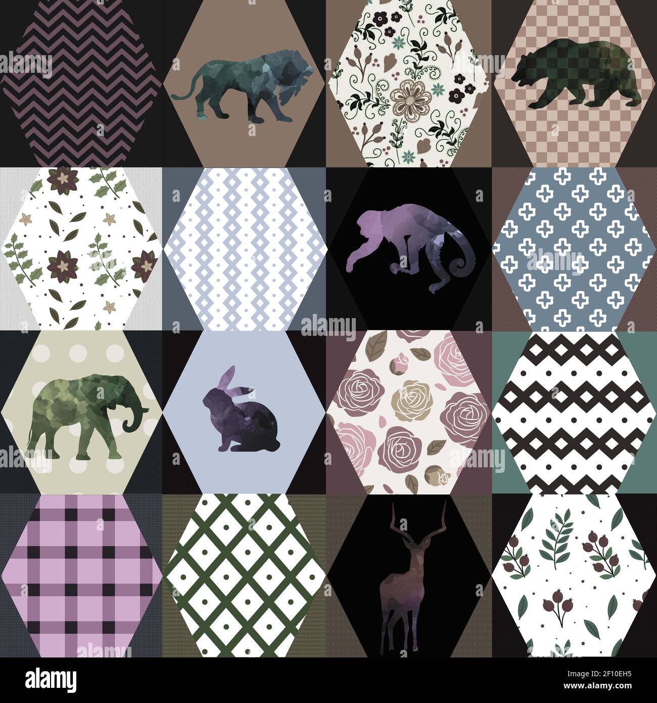 Patchwork grafico con elementi geometrici di esagoni ed elementi di natura degli animali Foto Stock