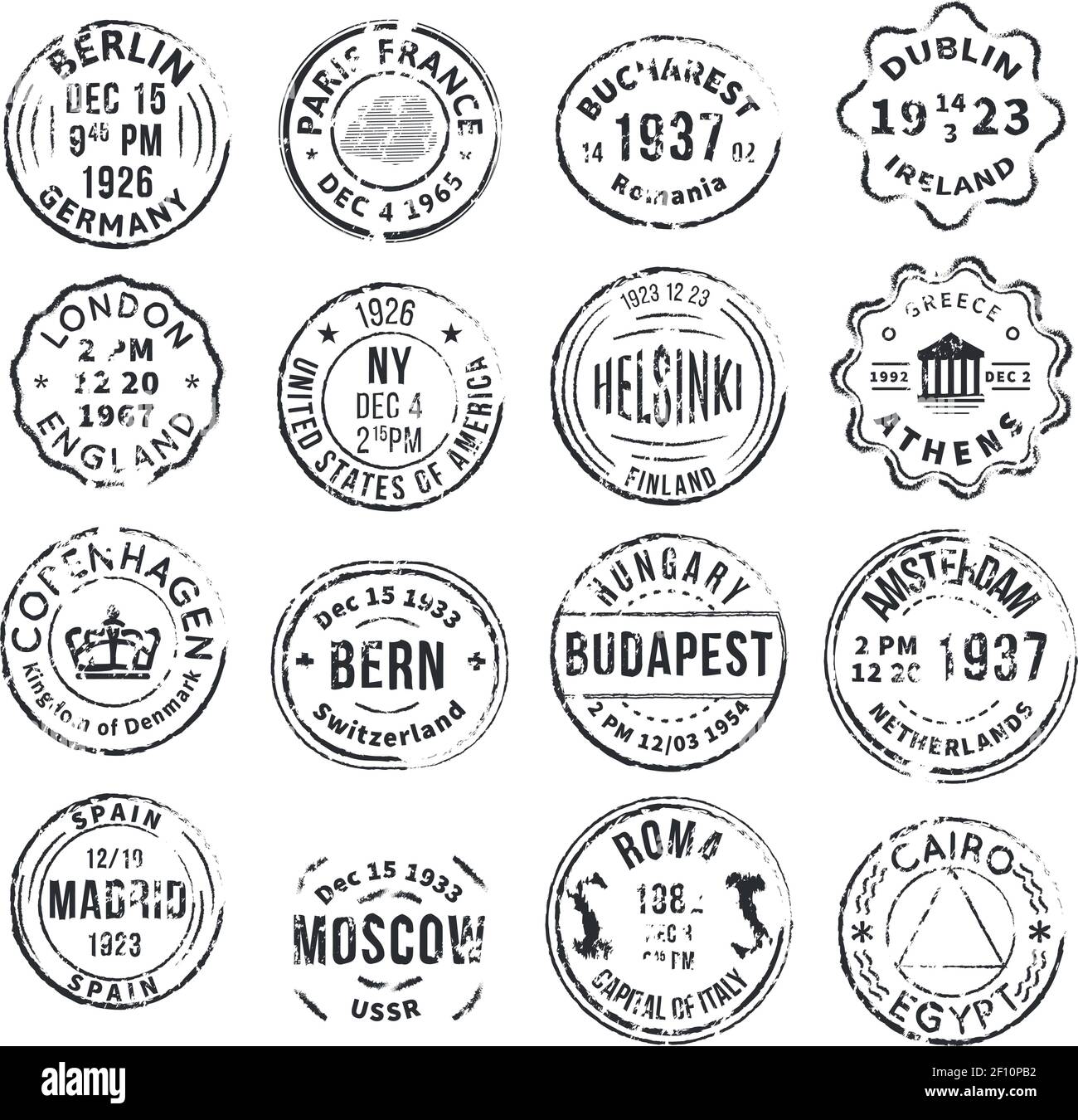 Set con 16 cartelli postali rotondi isolati con diversi città di partenza in stile vintage flat vettore illustrazione Illustrazione Vettoriale