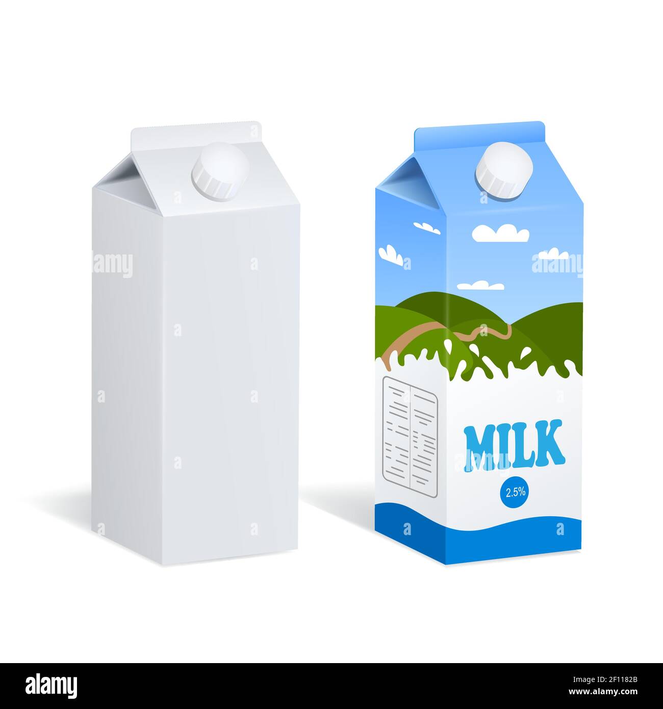 Due immagini realistiche di confezioni di cartone grezzo e tetra simili pak con etichetta del latte entrambe isolate con ombre su bianco illustrazione vettoriale di sfondo Illustrazione Vettoriale