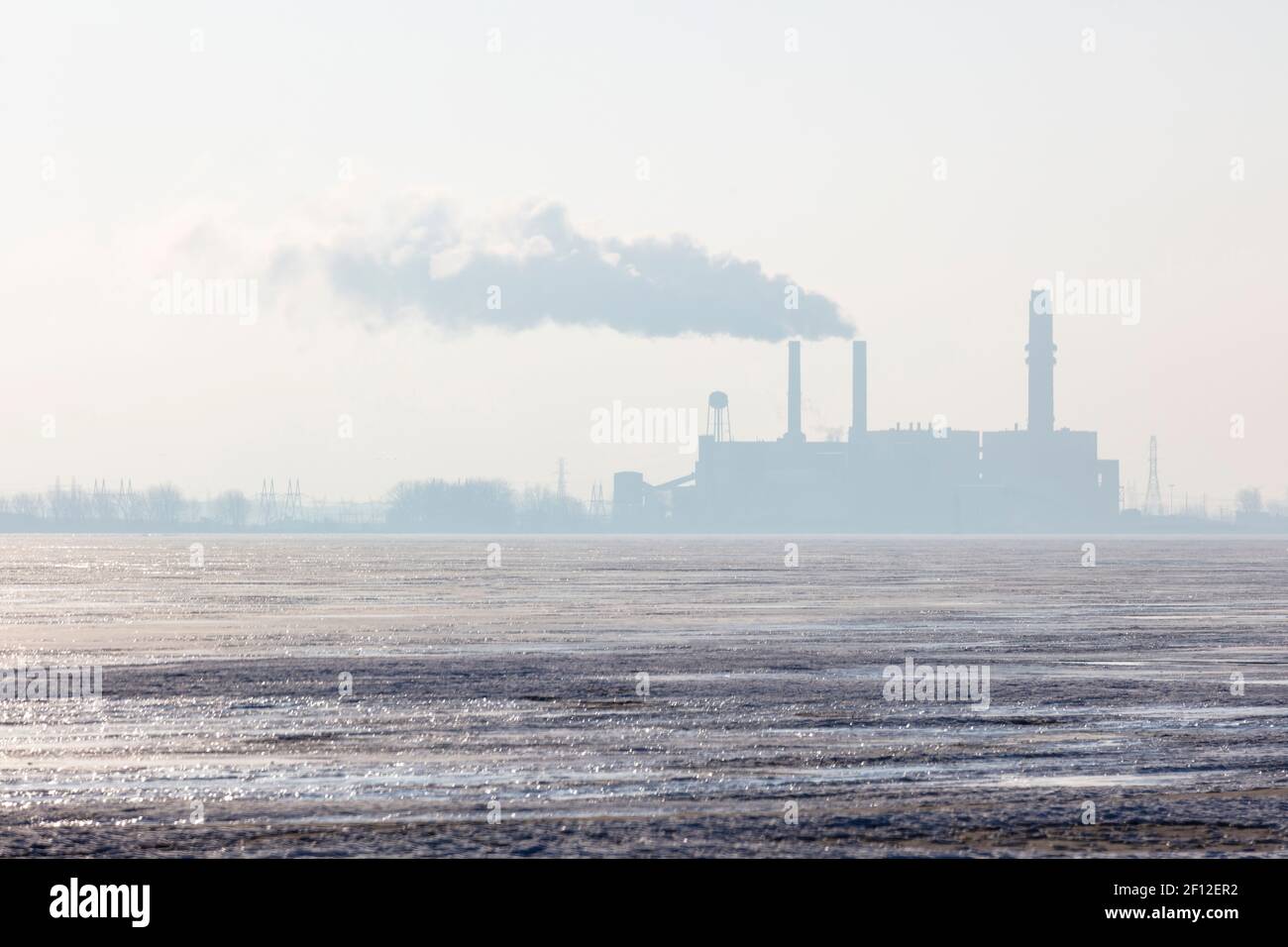 Centrale a carbone, vicino alla Baia di Saginaw, Sunrise, Bay City, Michigan, Inverno, Di James D Coppinger/Dembinsky Photo Assoc Foto Stock