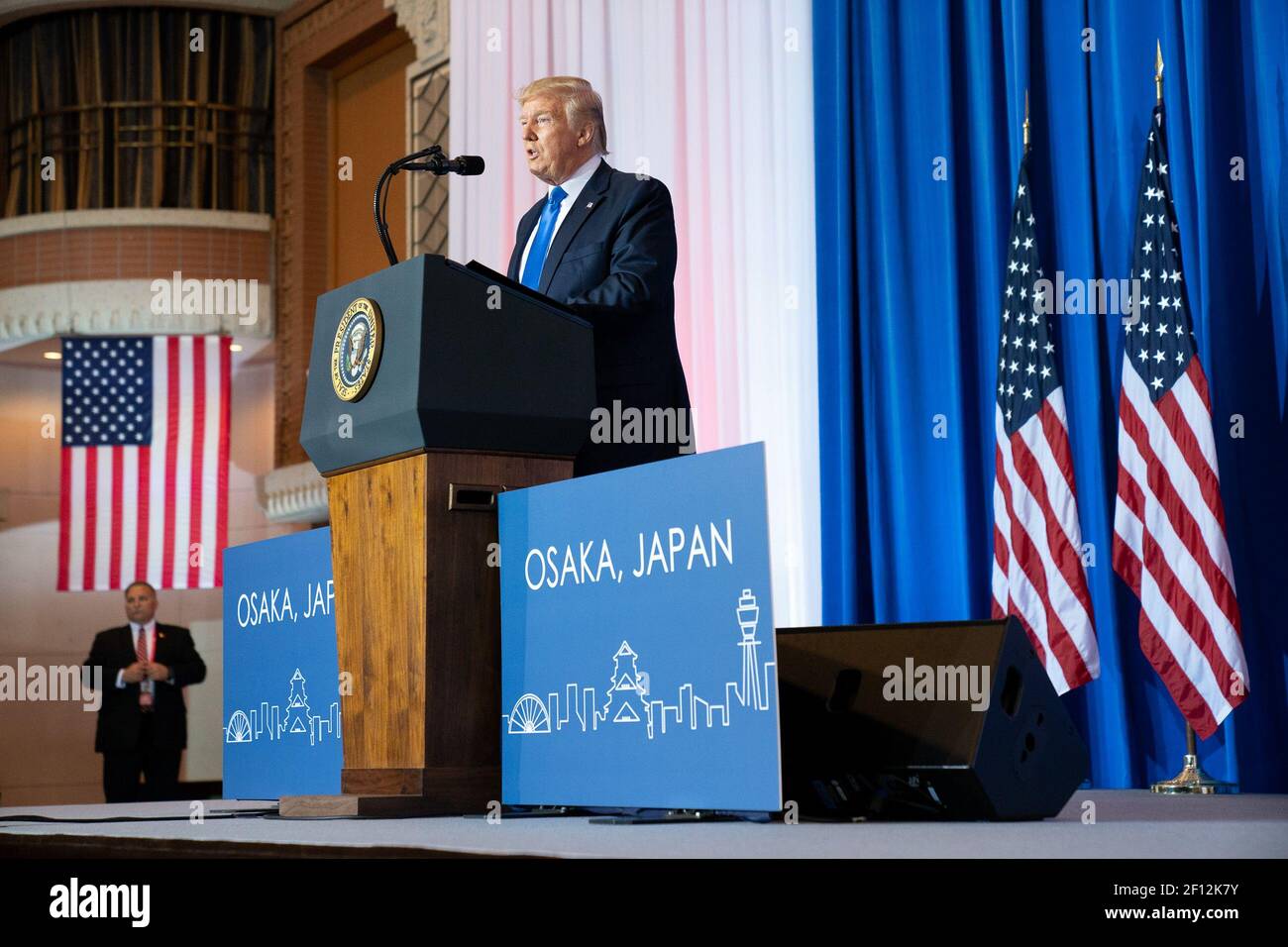 Il presidente Donald Trump partecipa a una conferenza stampa sabato 29 2019 giugno all'Imperial Hotel Osaka dopo aver partecipato al G20 Japan Summit di Osaka. Foto Stock