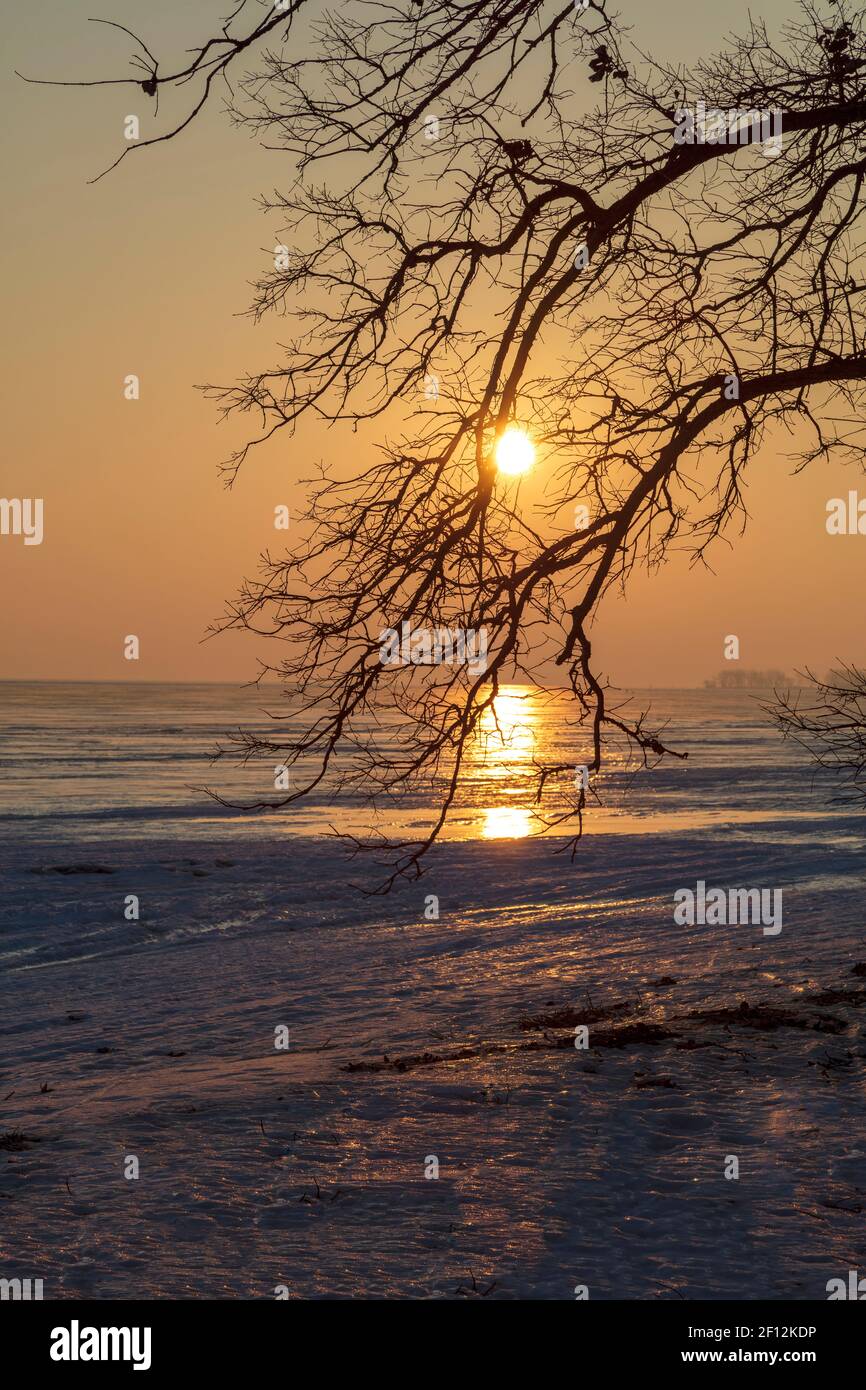 Alba su Saginaw Bay, fine inverno, Lago Huron, Michigan, Stati Uniti, Di James D Coppinger/Dembinsky Photo Assoc Foto Stock