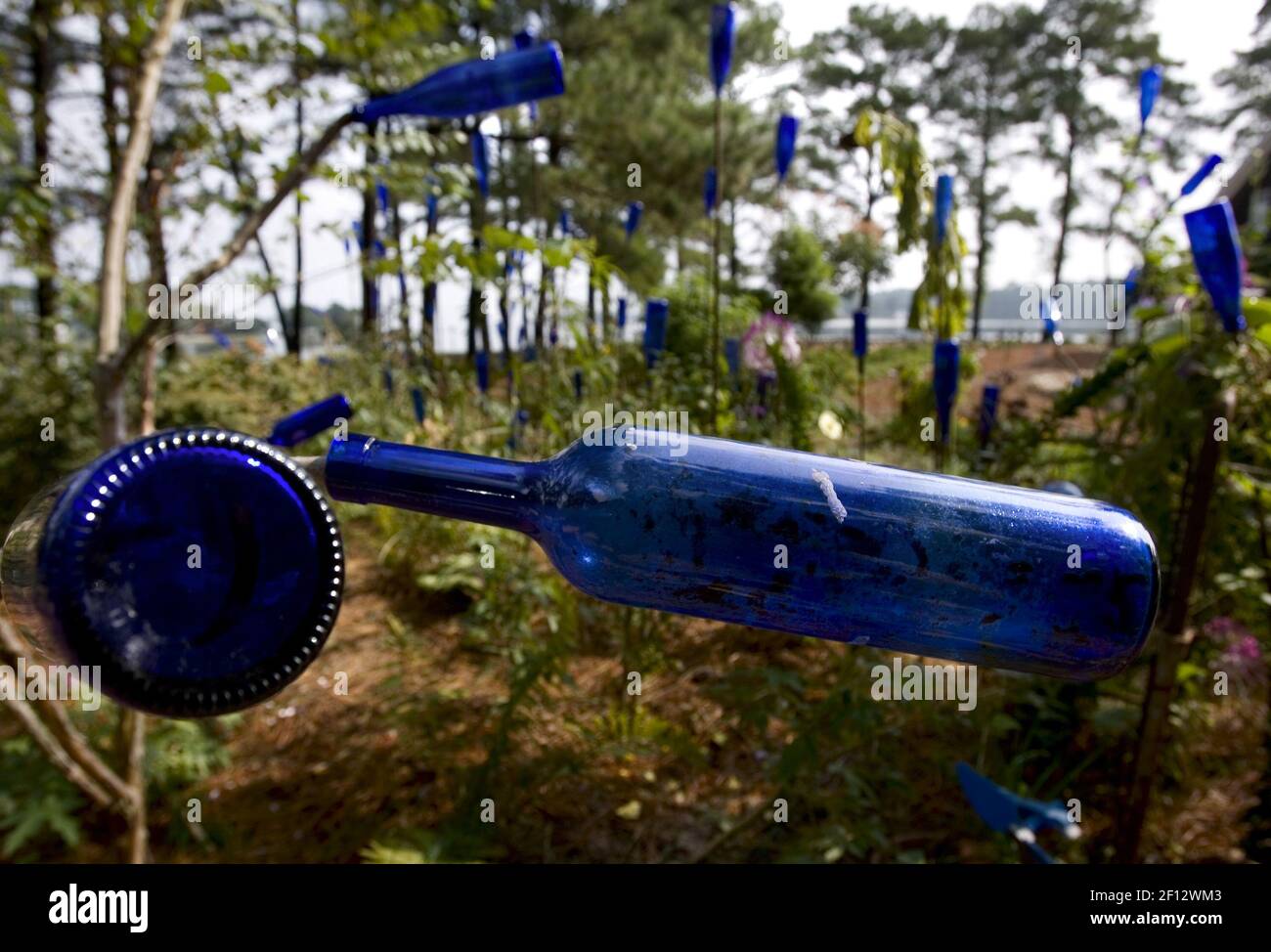 Ben e McKay Borden usavano oggetti riciclati, come ramoscelli realizzati in  trellis, bottiglie antiche su alberi di bottiglia e rocce, per creare un  labirinto nella loro casa a Yorktown, Virginia. (Foto di