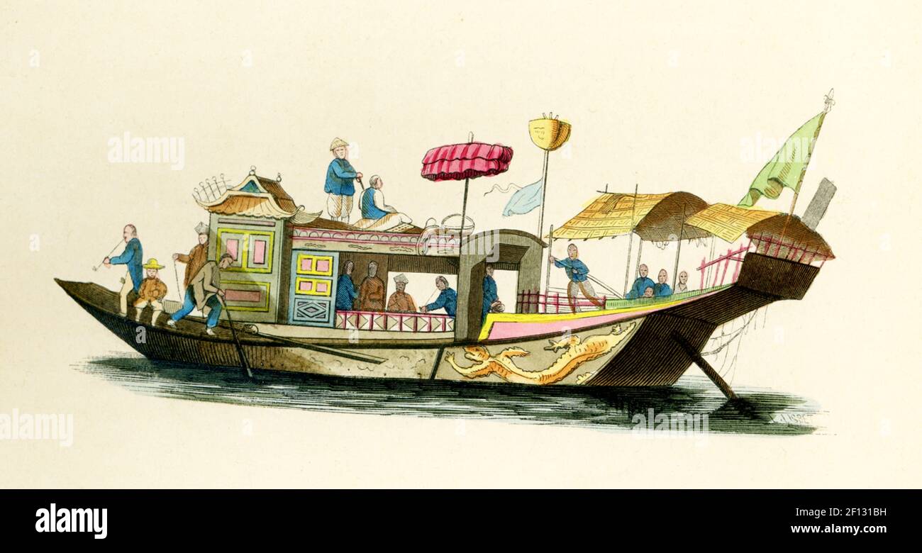 Questa illustrazione del 1840 mostra due giunche cinesi. Una giunca è un tipo di nave cinese a vela con vele completamente attente. Ci sono due tipi di spazzatura in Cina: La spazzatura settentrionale, che è sviluppata dalle barche di fiume cinesi, e la spazzatura meridionale che è sviluppata dai disegni di navi australiane, esempi dei quali sono stati commerciali con la dinastia Han orientale dal 2 ° secolo DC. Foto Stock