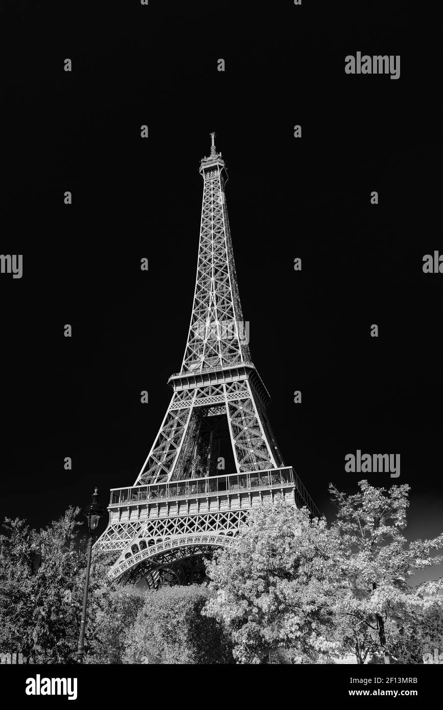 Torre Eiffel con cielo azzurro a Parigi, Francia (bianco e nero) Foto Stock