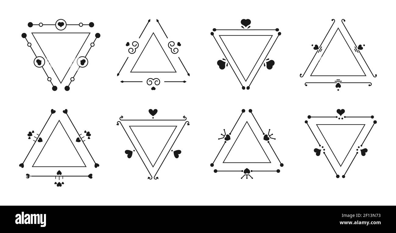 Set di tricorno con cornice a linea nera ed elemento cardiaco. Romantico elegante ornamento trigonale vintage bordo per testo matrimonio invito carta, certificato.triangolari cornici isolato vettore illustrazione Illustrazione Vettoriale
