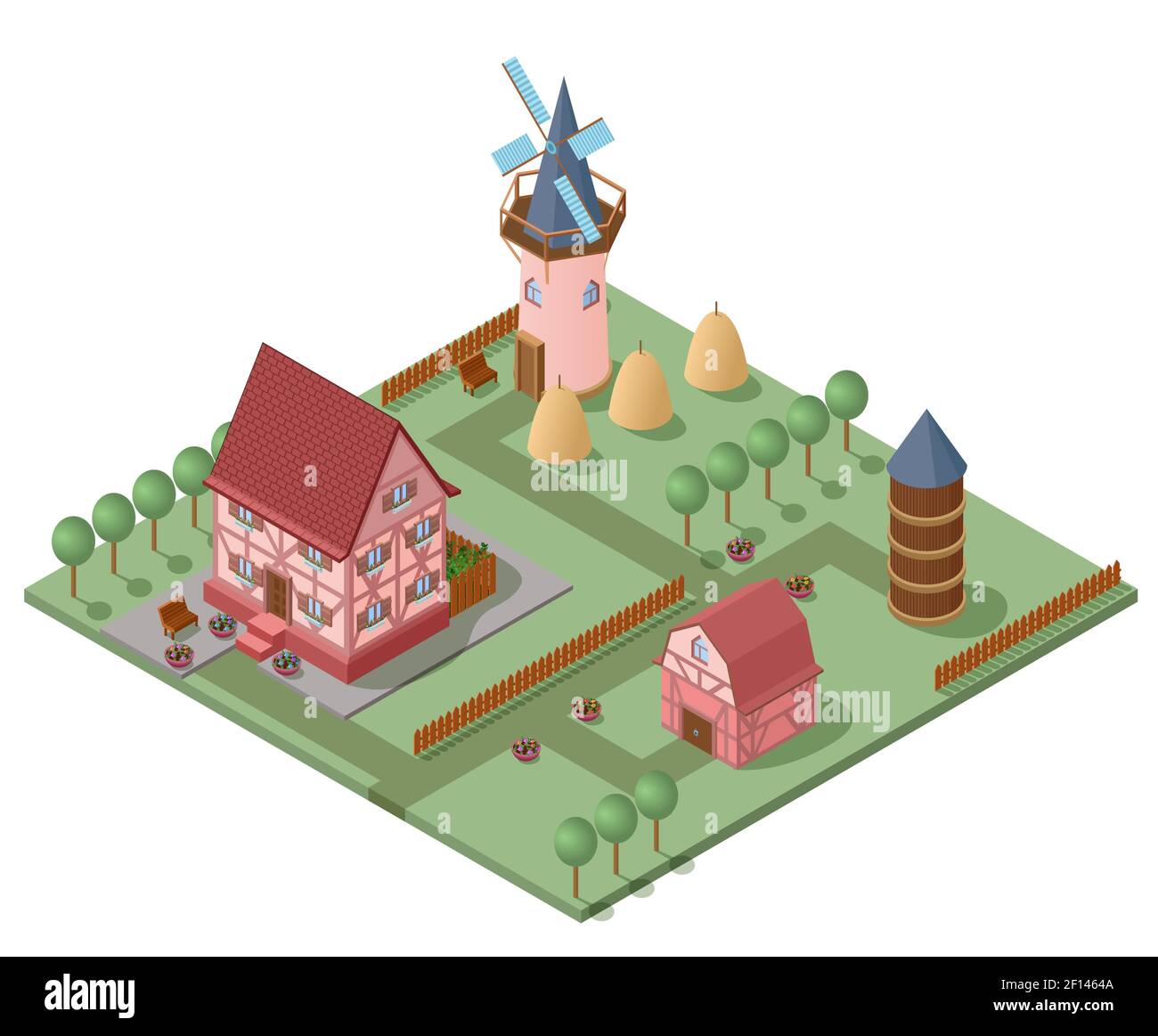 Concetto di allevamento isometrico con casa mulino fienile alberi piante recinzione e balle di fieno illustrazione vettoriale Illustrazione Vettoriale