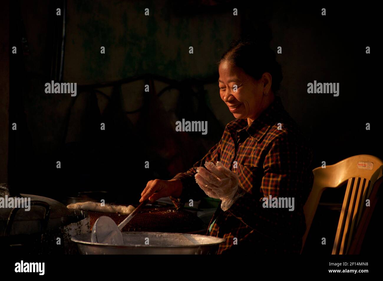 Donna vietnamita che fa banh bao (gnocchi al vapore vietnamita), Thanh Liêm, Hà Nam, Provincia di ha Nam, Vietnam del Nord Foto Stock