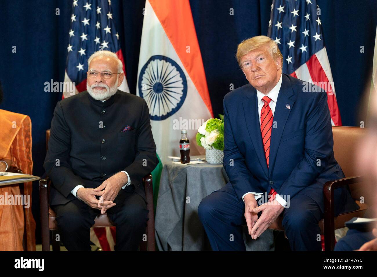 Il presidente Donald Trump e il primo ministro indiano Narendra modi hanno partecipato a una riunione bilaterale martedì 24 2019 settembre presso la sede centrale delle Nazioni Unite a New York. Foto Stock