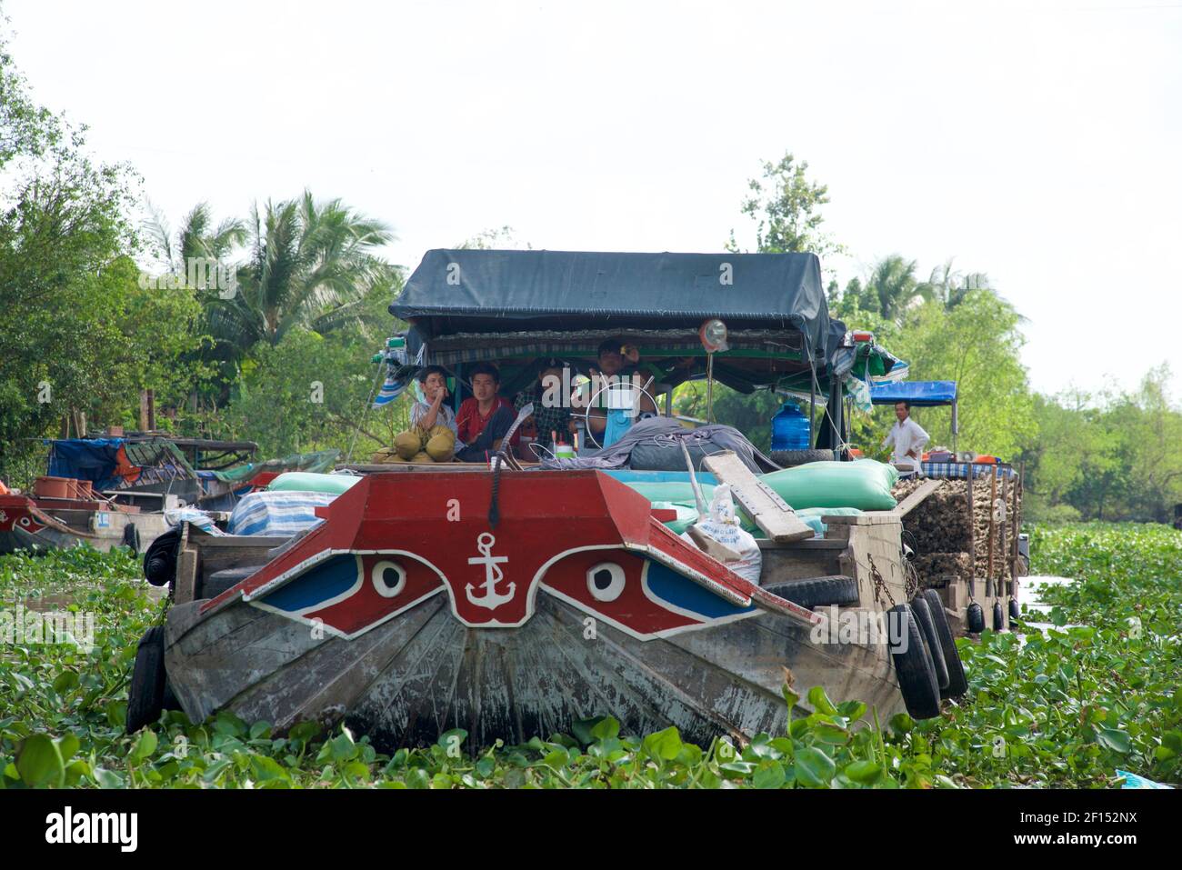 Vita sul fiume sul delta del Mekong. Distretto di Cat Cai Lậy, Provincia di Tien Giang, Vietnam. Le famiglie vivono sulle barche e viaggiano lungo i corsi d'acqua. Foto Stock