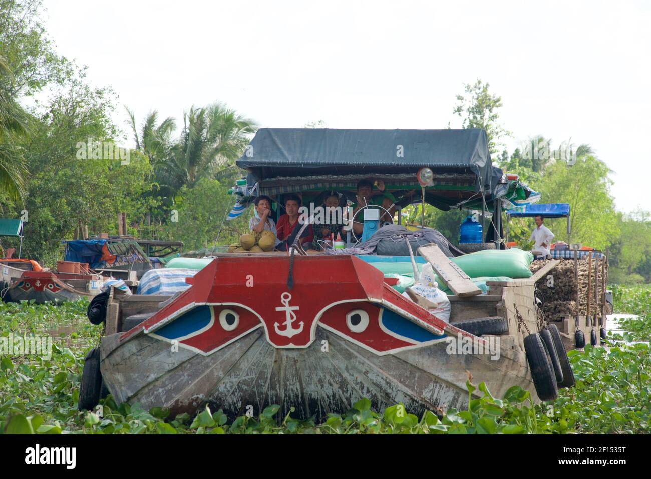 Vita sul fiume sul delta del Mekong. Distretto di Cat Cai Lậy, Provincia di Tien Giang, Vietnam. Le famiglie vivono sulle barche e viaggiano lungo i corsi d'acqua. Foto Stock