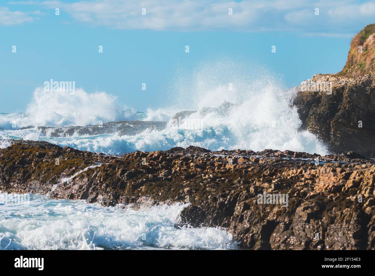 Scogliere rocciose e tempestoso oceano Pacifico con un bel cielo nuvoloso sullo sfondo. Los Osos, costa californiana Foto Stock