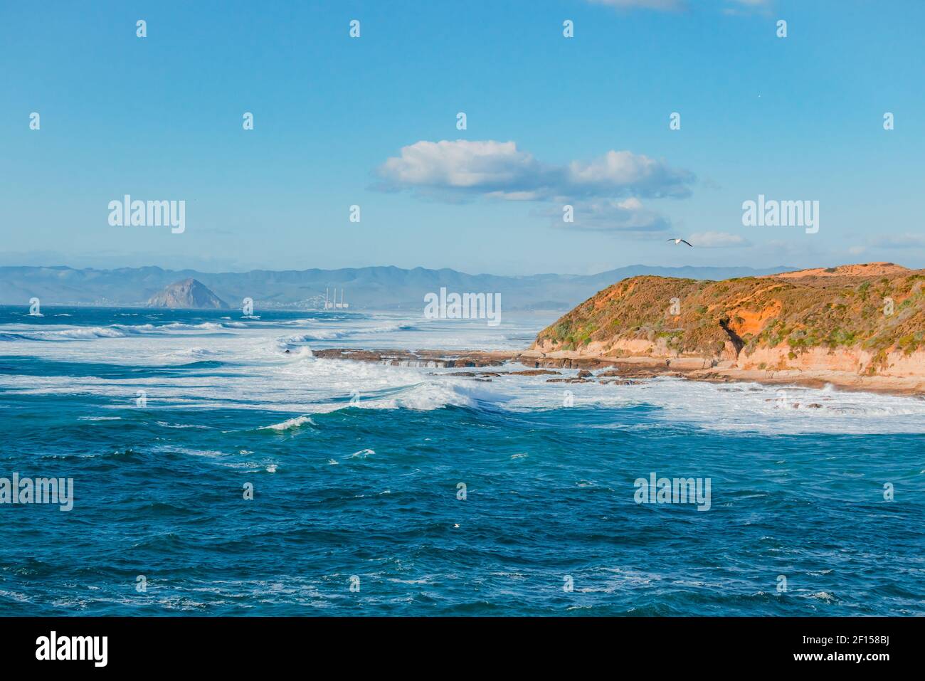 Stagcape in blu e turchese. Oceano Pacifico, scogliere e silhouette di Morro Rock. Vista dal parco statale del Montana del Oro, costa della California Foto Stock