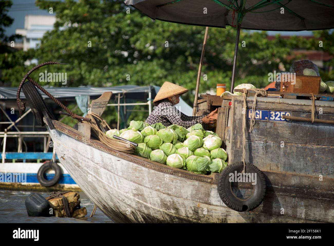 Barche fluviali che commerciano prodotti al mercato galleggiante Cai Rang, Delta Mekong, Vietnam Foto Stock