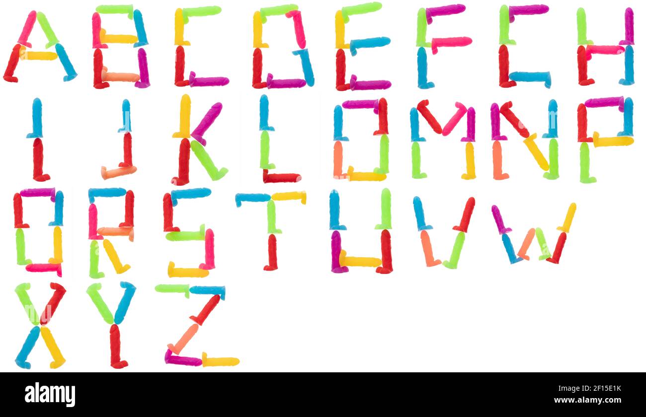 Alfabeto colorato fatto di pene maschio di sapone Foto Stock