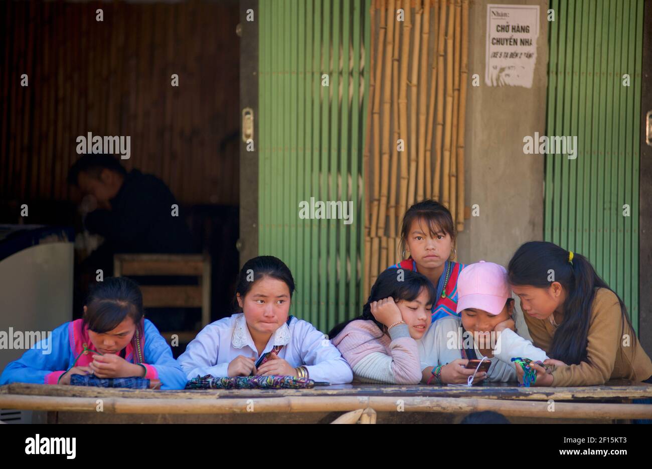 Studentesse vietnamite sedute ad un tavolo sui loro smartphone, Ta Van, vicino Sapa, provincia di Lao Cai, Vietnam del nord Foto Stock