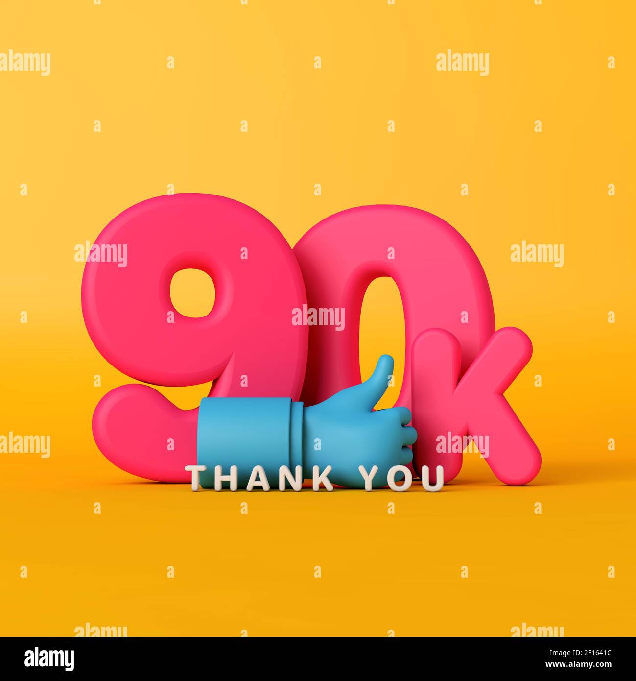 Grazie 90 mila seguaci. Banner sui social media. Rendering 3D Foto Stock