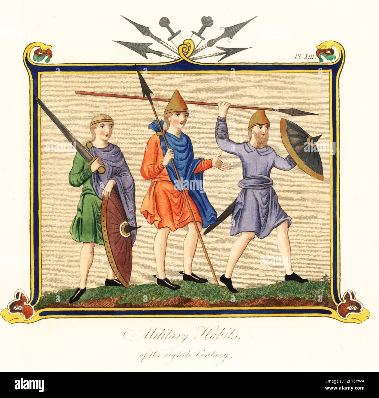 Ufficiale anglosassone, cavaliere e soldato del piede. Primo ufficiale della guardia reale, montato soldato con lancia e un uomo di fanteria con lancia e scudo. Da Old English Hexateuch, Cotton MS Claudius B iv. Incisione a mano di Joseph Strutt dalla sua visione completa del vestito e delle abitudini del popolo d'Inghilterra, Henry Bohn, Londra, 1842. Foto Stock