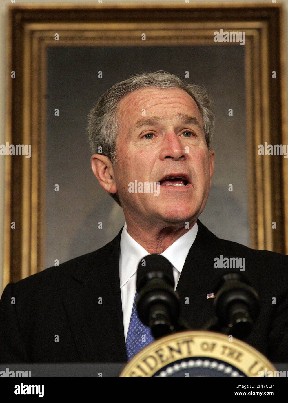 Il Presidente Bush rilascia una dichiarazione sull'economia nella Sala di accoglienza diplomatica della Casa Bianca a Washington, D.C. venerdì 7 aprile 2006 (Chuck Kennedy/KRT) Foto Stock