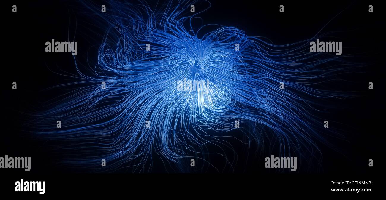 Illustrazione 3D astratta di un oggetto blu incandescente con lunghe ciocche di capelli ricci o tentacoli ondulati, concetto scientifico o di ricerca Foto Stock