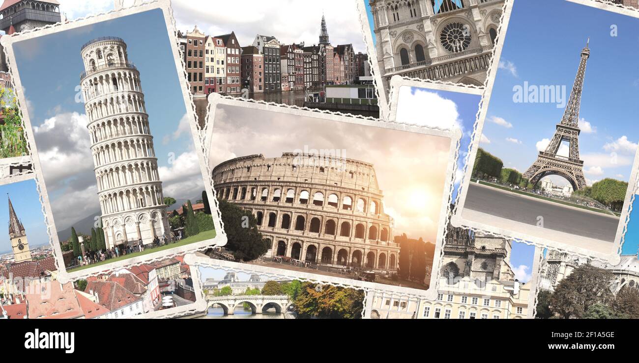 Sfondo del viaggio d'epoca con foto retrò dei monumenti europei. Banner orizzontale con vecchie foto della Torre Eiffel di Parigi, Torre Pendente di Pisa, Foto Stock
