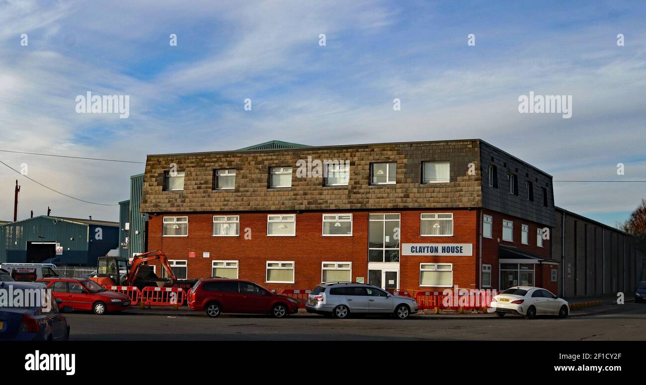 Clayton House, gli ex uffici di Clayton spot che è ora una proprietà industriale all'interno del Burscough Industrial Estate. Foto Stock