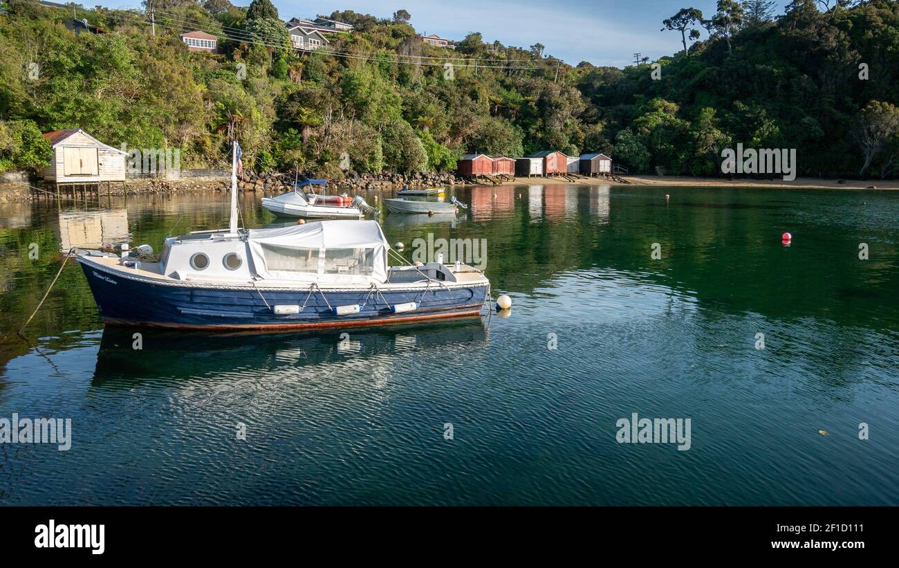 Porto tropicale con barche ancorate. Girato su Stewart Island (Rakiura), Nuova Zelanda Foto Stock