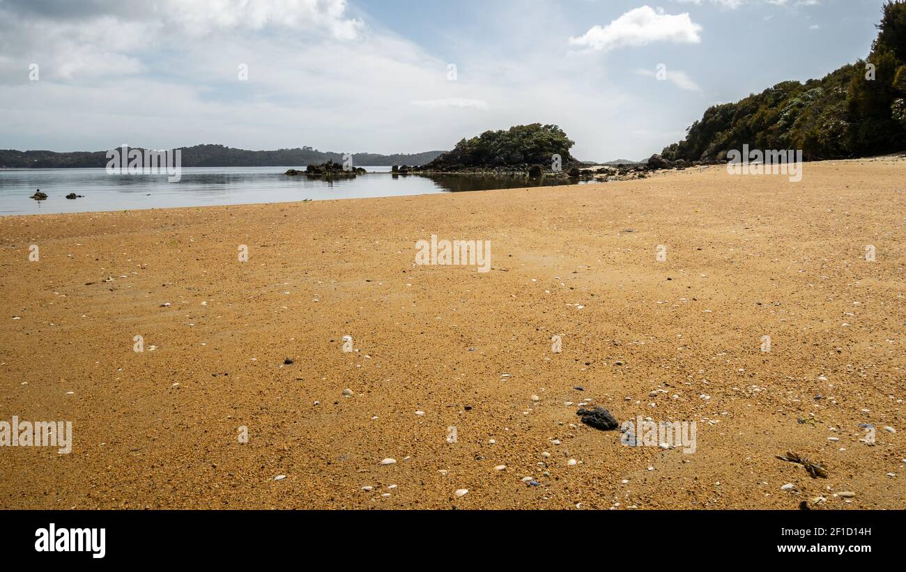 Spiaggia remota con sabbia arancione. Girato sull'Isola di Ulva, nella zona di Stewart Island (Rakiura), Nuova Zelanda Foto Stock