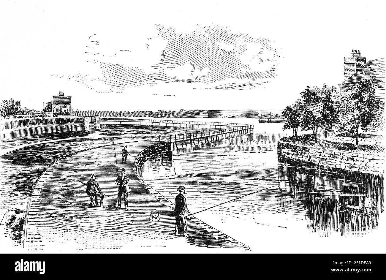 Un disegno del 19 ° secolo di pescatori di salmone sotto il Salmon Weir sotto Lough Corrib a Galway City, Irlanda Foto Stock