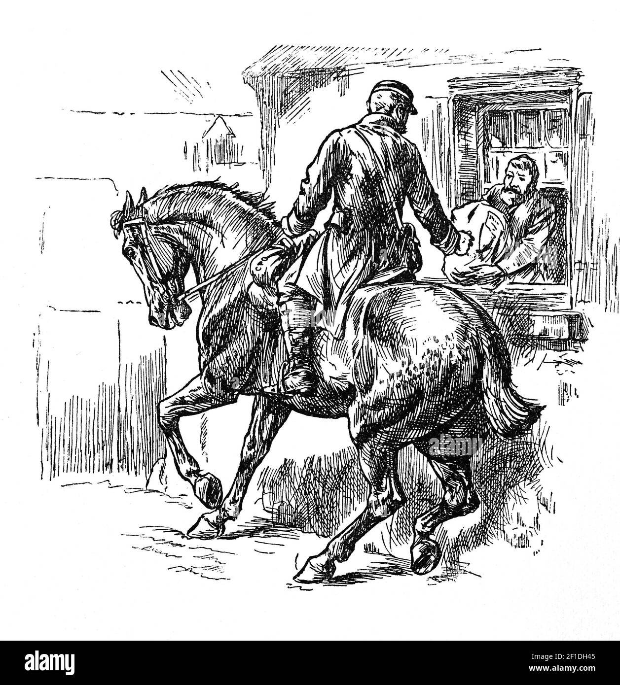 Un'illustrazione/cartone animato del sistema di posta dei pacchi a Galway City, Irlanda. I postini a cavallo raccolgono la posta dall'ufficio postale e la consegnano alla stazione ferroviaria più vicina per la successiva consegna. Foto Stock