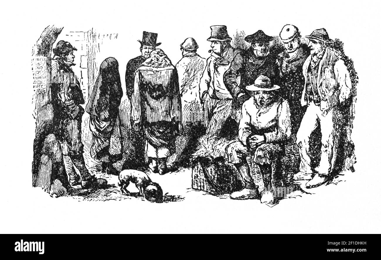 Un'illustrazione/cartone animato del 19 ° secolo della vita nelle strade del villaggio di Claddagh, Galway City, Irlanda, con un raduno di persone di vario status sociale. Foto Stock