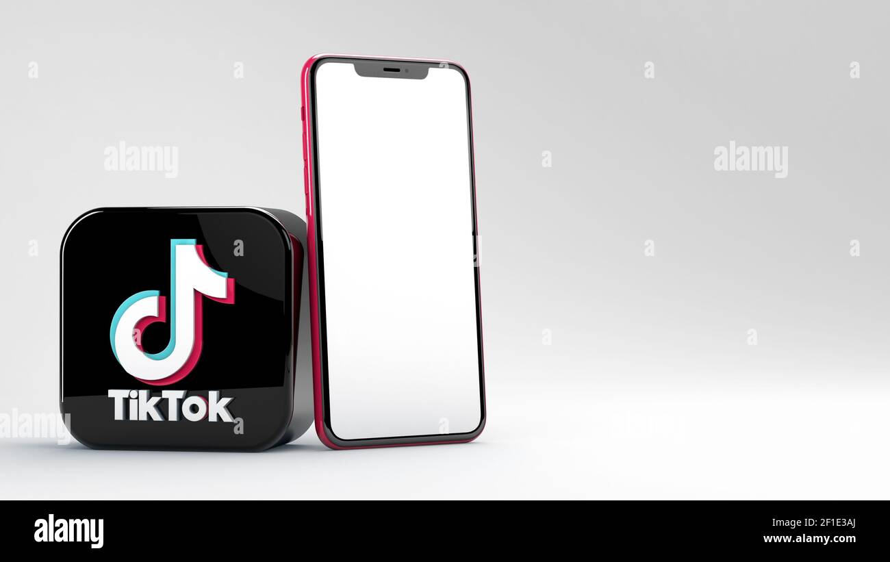 Valencia, Spagna - Marzo, 2021: Icona dell'app TikTok con mockup dello schermo del telefono cellulare isolato su sfondo bianco rendering 3D. Tik tok è un ne dei social media Foto Stock