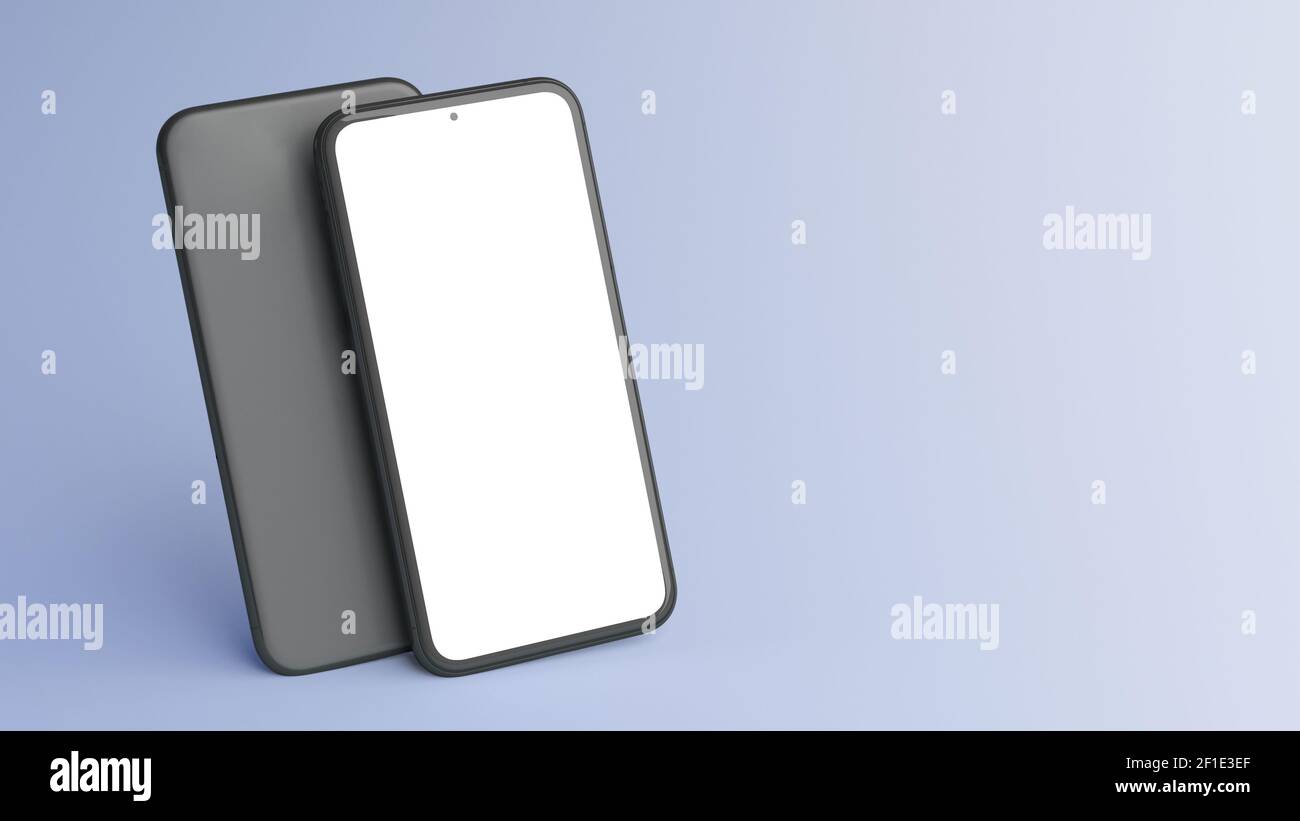 Mockup anteriore e posteriore del telefono cellulare su uno sfondo blu e copyspace in 3D rendering. Modello realistico del telaio del cellulare e concetto di display vuoto Foto Stock