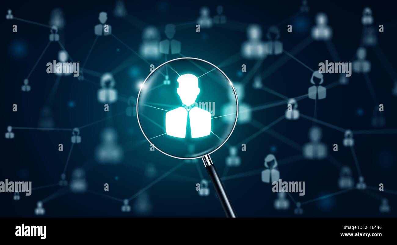 Gestione delle risorse umane, reclutamento, occupazione e concetto di caccia alla testa. Ufficiale in cerca di dipendente o leader con lente di ingrandimento. Lente d'ingrandimento e popoli i Foto Stock